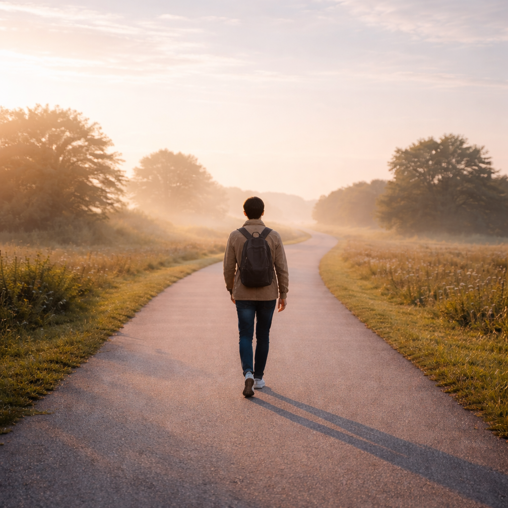 איש עם תיק גב הולך אל האופק